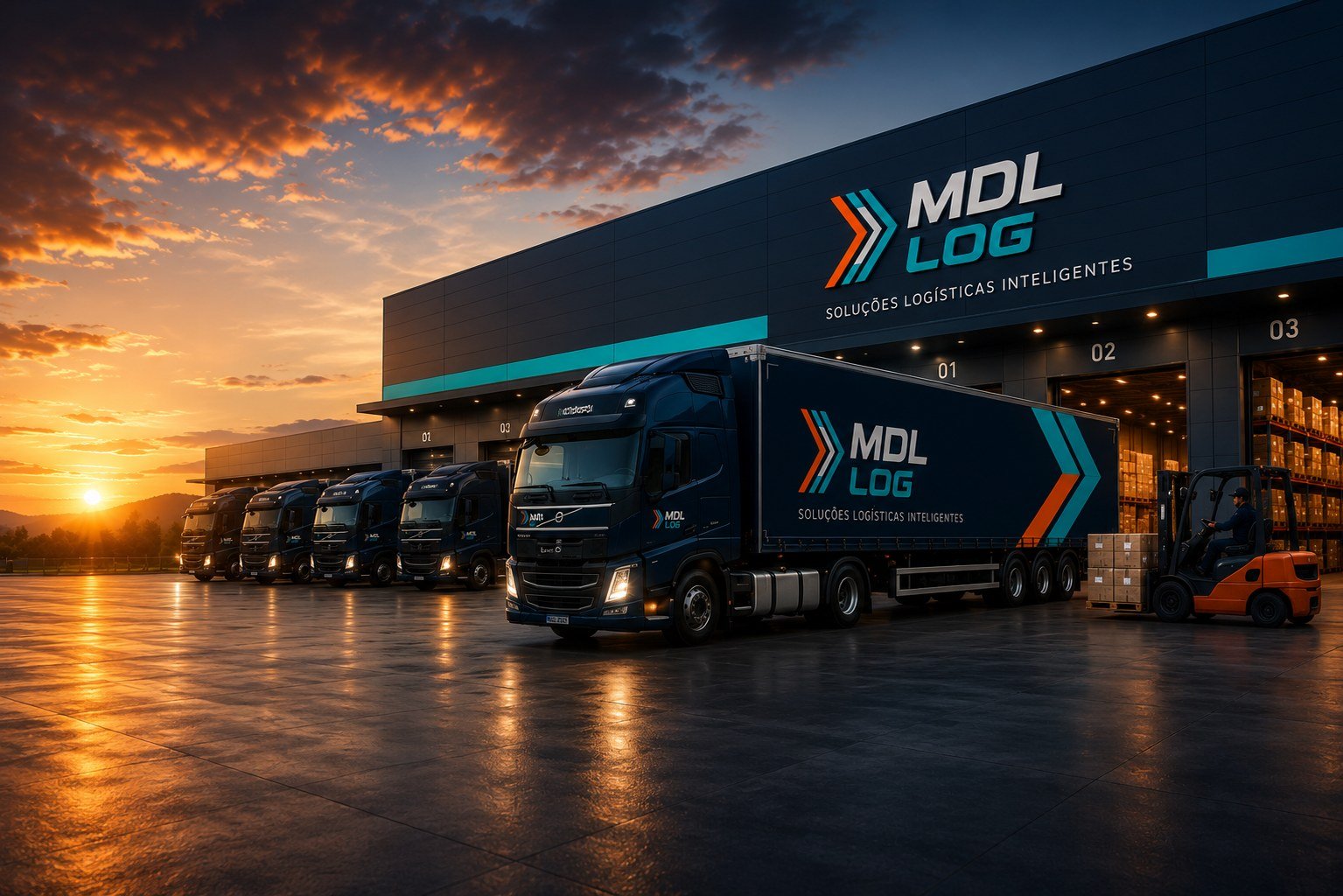 Frota MDL LOG em centro de distribuição ao pôr do sol